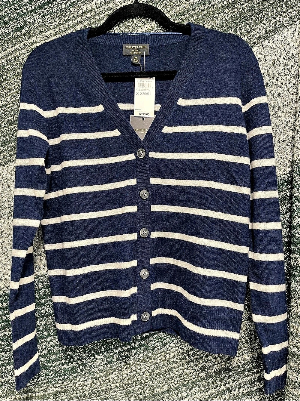 Charter Club Luxury 100% Cashmere Striped Button Cardigan Blue & White XS